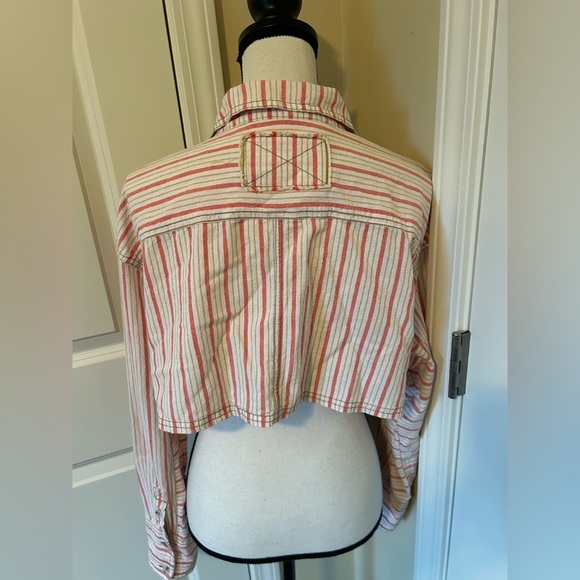 We The Free Orange and Cream cropped Striped button down Shirt - Picture 5 of 6